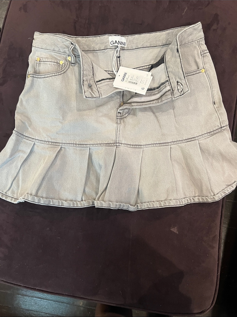Women’s Ganni Light Gray Pleated Denim Mini Skirt